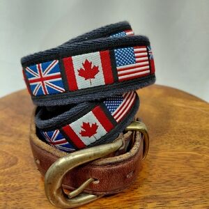 YRI USA Canada British Flags Ribbon Canvas Leather Belt
